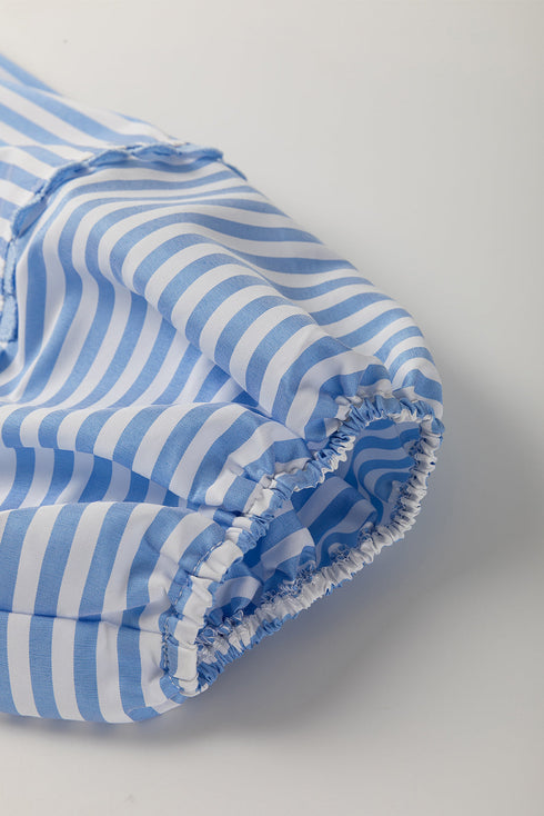 Striped Collared Ricrac Trim Puff Sleeve Blouse
