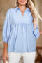 Striped Collared Ricrac Trim Puff Sleeve Blouse