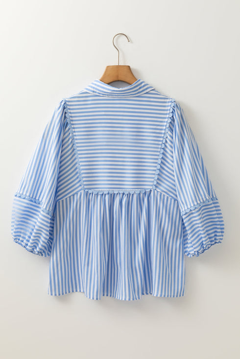Striped Collared Ricrac Trim Puff Sleeve Blouse