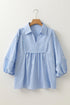 Striped Collared Ricrac Trim Puff Sleeve Blouse