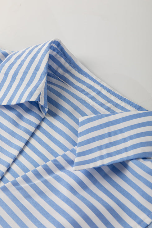 Striped Collared Ricrac Trim Puff Sleeve Blouse