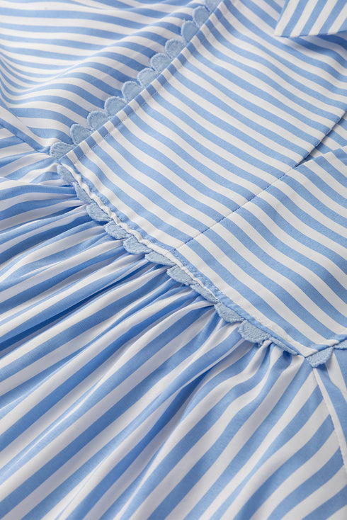 Striped Collared Ricrac Trim Puff Sleeve Blouse