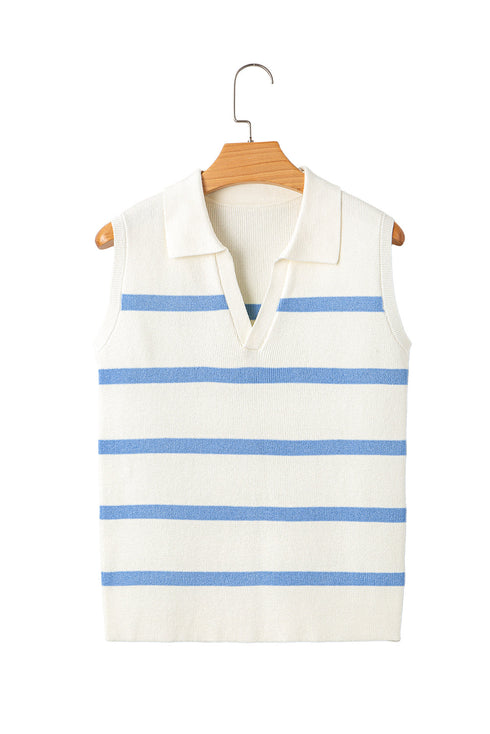 Striped Collared Sleeveless V Neck Knit Top