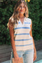 Striped Collared Sleeveless V Neck Knit Top