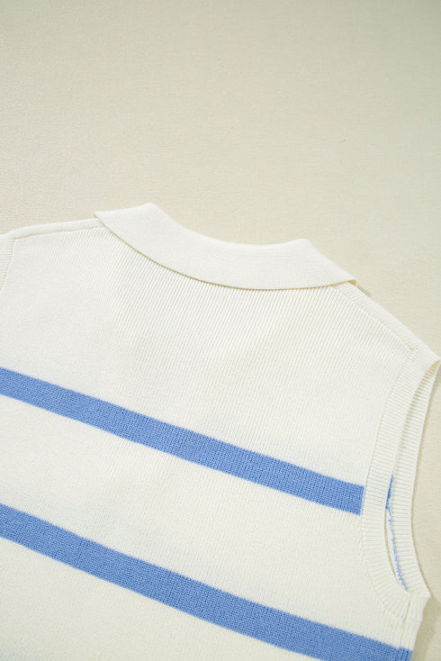 Striped Collared Sleeveless V Neck Knit Top