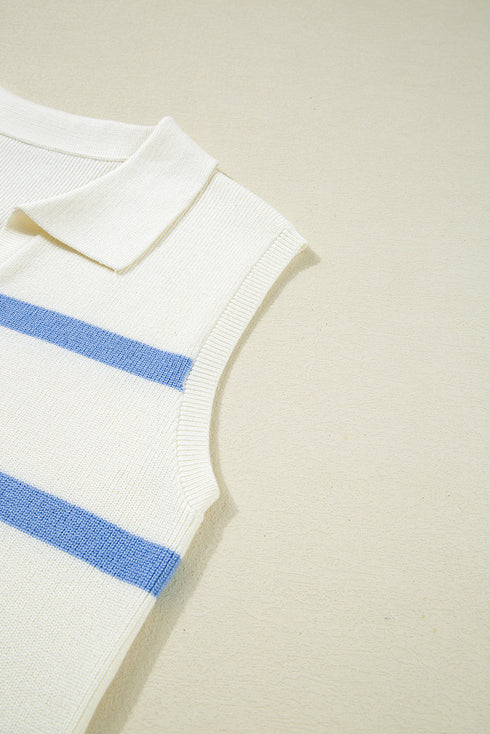 Striped Collared Sleeveless V Neck Knit Top