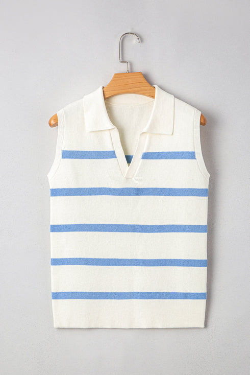 Striped Collared Sleeveless V Neck Knit Top