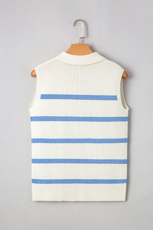 Striped Collared Sleeveless V Neck Knit Top