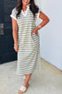 Striped Collared V Neck Pocket T Shirt Midi Dress