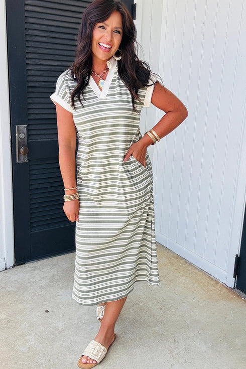 Striped Collared V Neck Pocket T Shirt Midi Dress