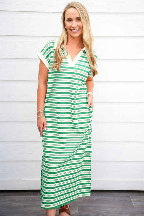 Striped Collared V Neck Pocket T Shirt Midi Dress