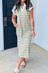 Striped Collared V Neck Pocket T Shirt Midi Dress