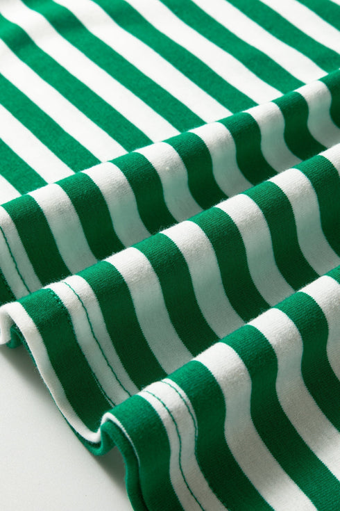 Striped Collared V Neck Puff Sleeve Cotton Top