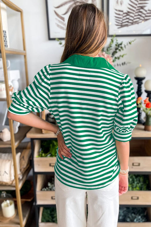Striped Collared V Neck Puff Sleeve Cotton Top