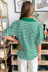 Striped Collared V Neck Puff Sleeve Cotton Top