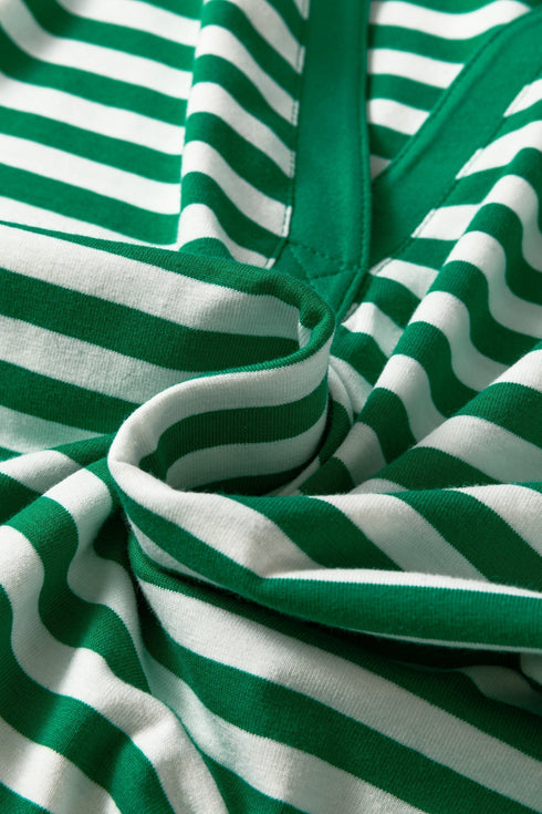 Striped Collared V Neck Puff Sleeve Cotton Top