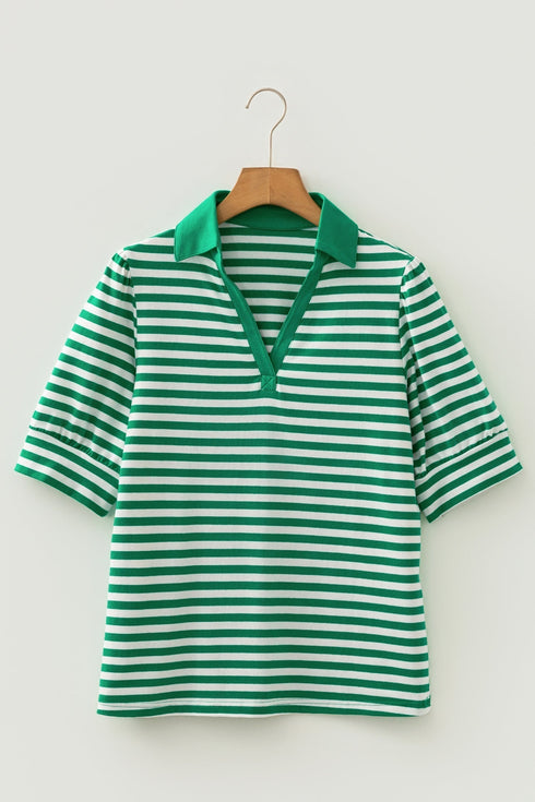 Striped Collared V Neck Puff Sleeve Cotton Top