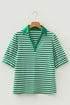 Striped Collared V Neck Puff Sleeve Cotton Top