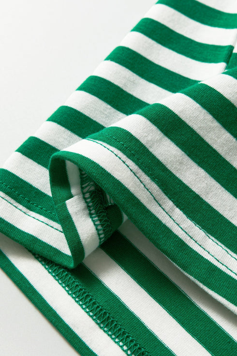 Striped Collared V Neck Puff Sleeve Cotton Top