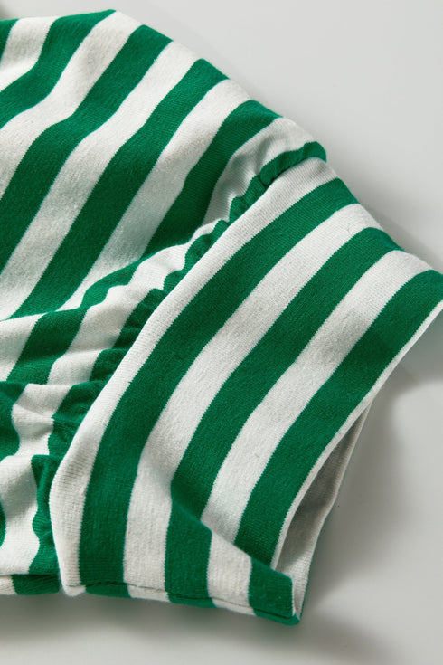 Striped Collared V Neck Puff Sleeve Cotton Top