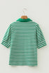 Striped Collared V Neck Puff Sleeve Cotton Top