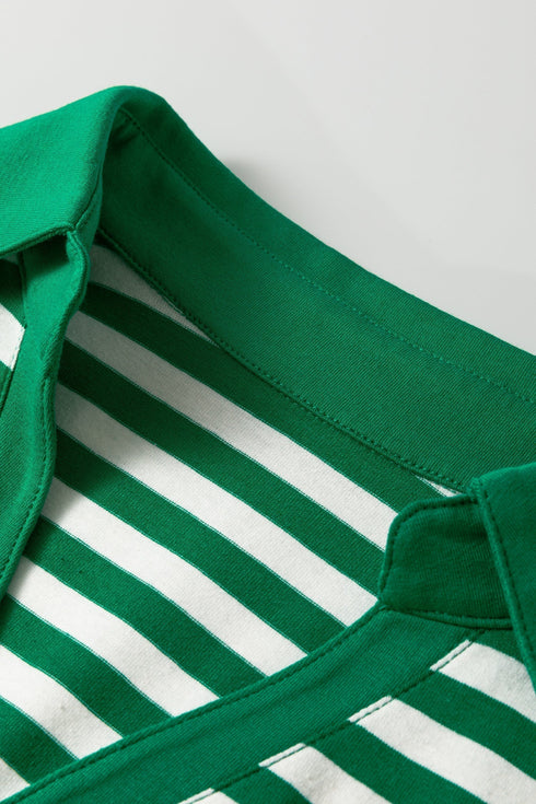 Striped Collared V Neck Puff Sleeve Cotton Top
