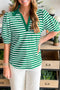 Striped Collared V Neck Puff Sleeve Cotton Top