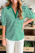 Striped Collared V Neck Puff Sleeve Cotton Top