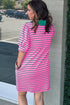 Striped Collared V Neck Puff Sleeve Pocket Mini Dress