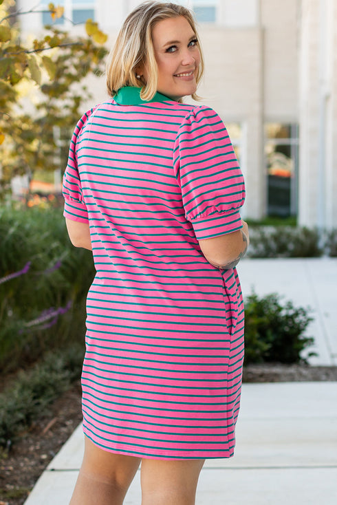 Striped Collared V Neck Puff Sleeve Pocket Mini Dress