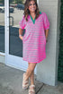 Striped Collared V Neck Puff Sleeve Pocket Mini Dress