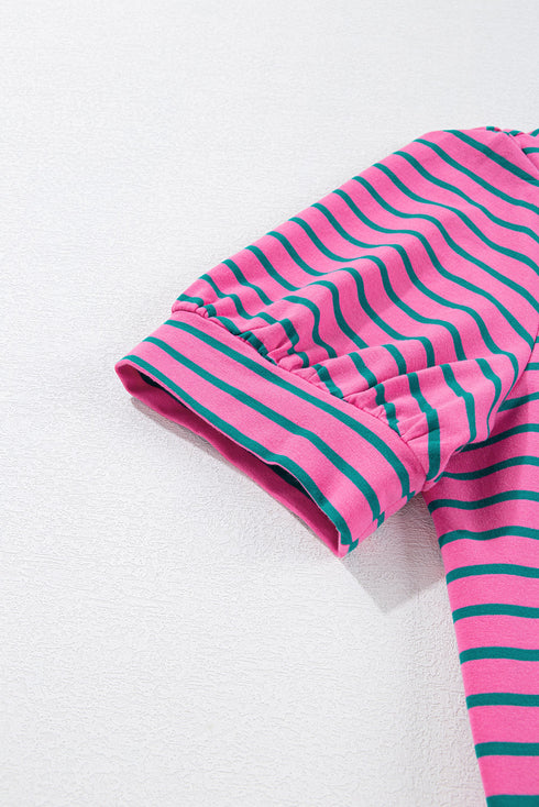 Striped Collared V Neck Puff Sleeve Pocket Mini Dress