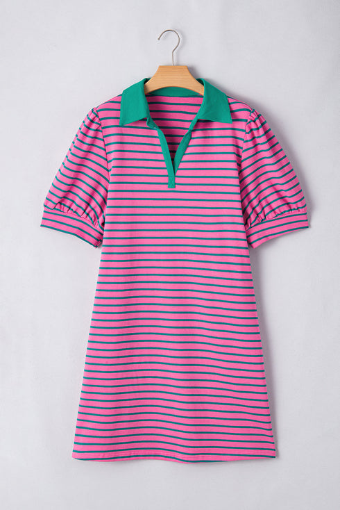 Striped Collared V Neck Puff Sleeve Pocket Mini Dress