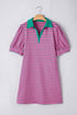 Striped Collared V Neck Puff Sleeve Pocket Mini Dress