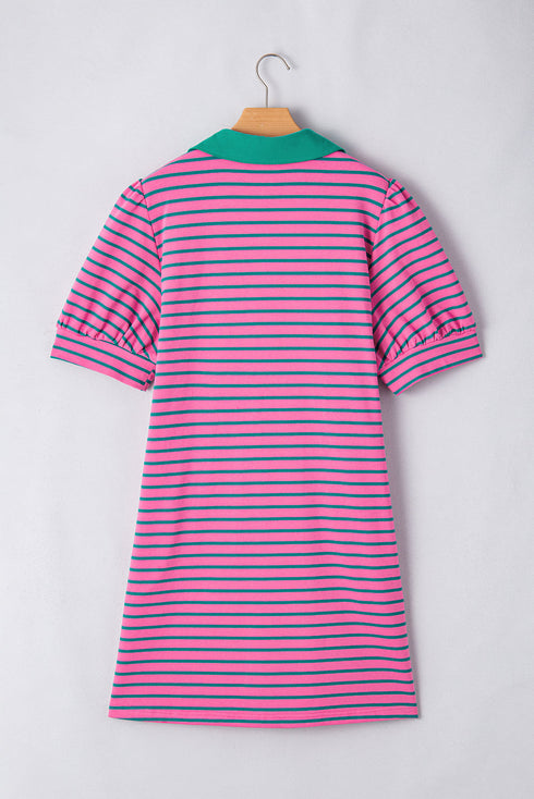 Striped Collared V Neck Puff Sleeve Pocket Mini Dress