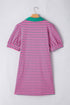 Striped Collared V Neck Puff Sleeve Pocket Mini Dress