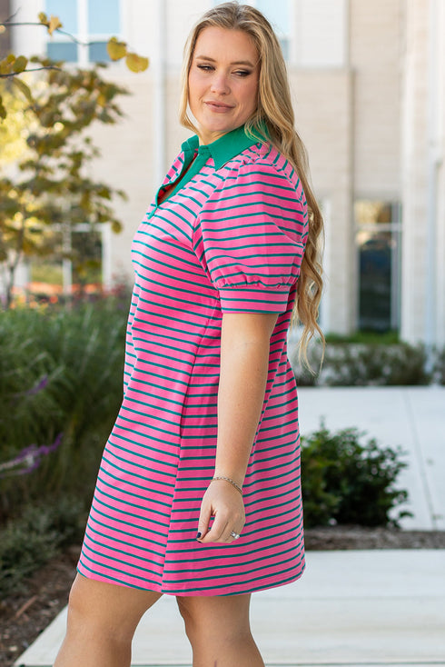 Striped Collared V Neck Puff Sleeve Pocket Mini Dress
