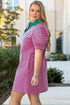 Striped Collared V Neck Puff Sleeve Pocket Mini Dress