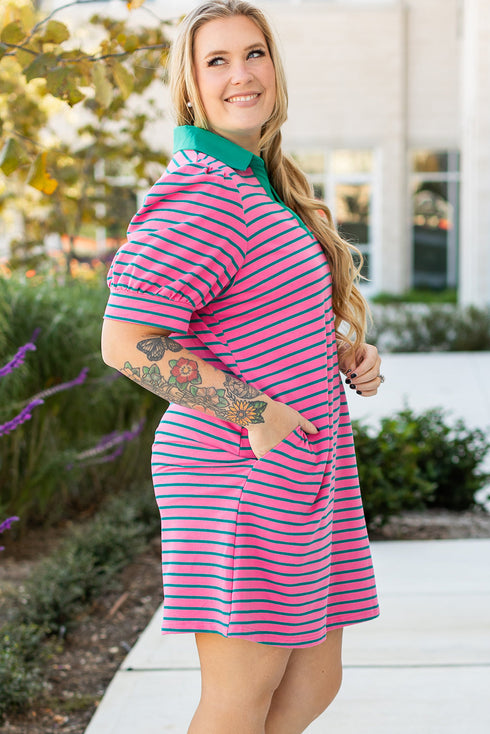 Striped Collared V Neck Puff Sleeve Pocket Mini Dress