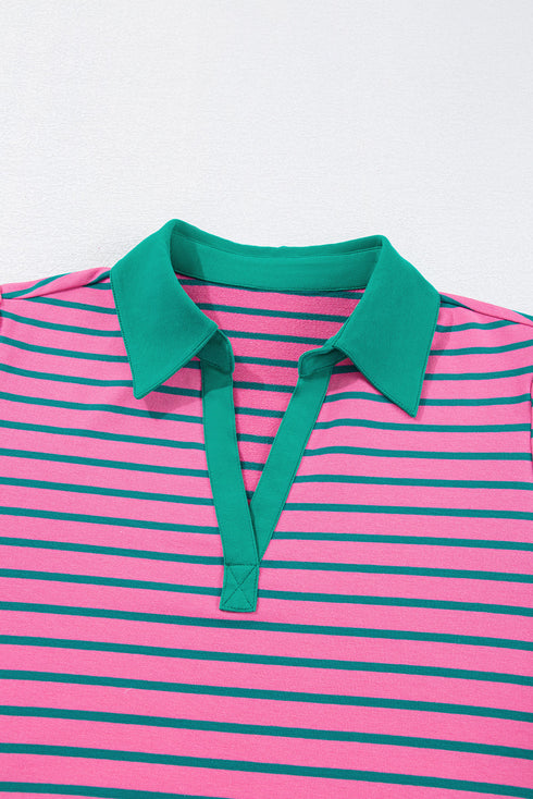 Striped Collared V Neck Puff Sleeve Pocket Mini Dress