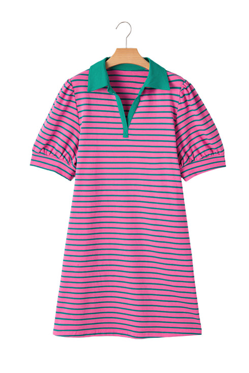 Striped Collared V Neck Puff Sleeve Pocket Mini Dress