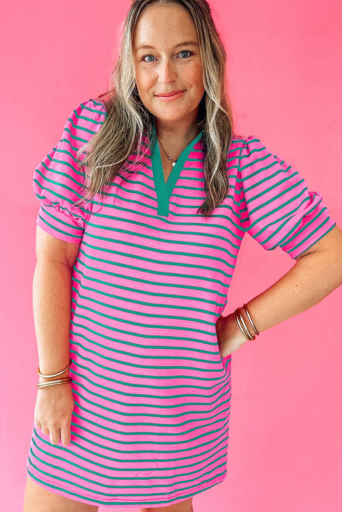 Striped Collared V Neck Puff Sleeve Pocket Mini Dress