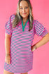 Striped Collared V Neck Puff Sleeve Pocket Mini Dress