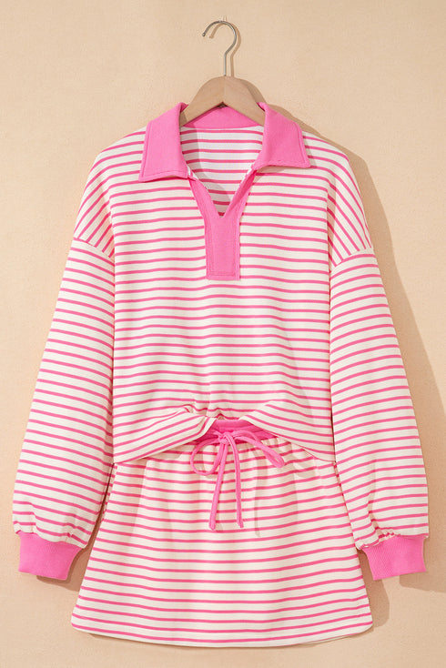 Striped Collared V Neck Pullover Skort Two Piece Dress