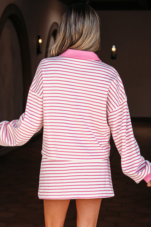 Striped Collared V Neck Pullover Skort Two Piece Dress
