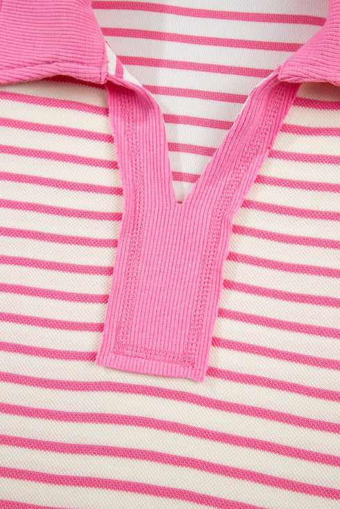 Striped Collared V Neck Pullover Skort Two Piece Dress