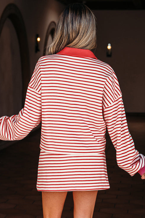 Striped Collared V Neck Pullover Skort Two Piece Dress
