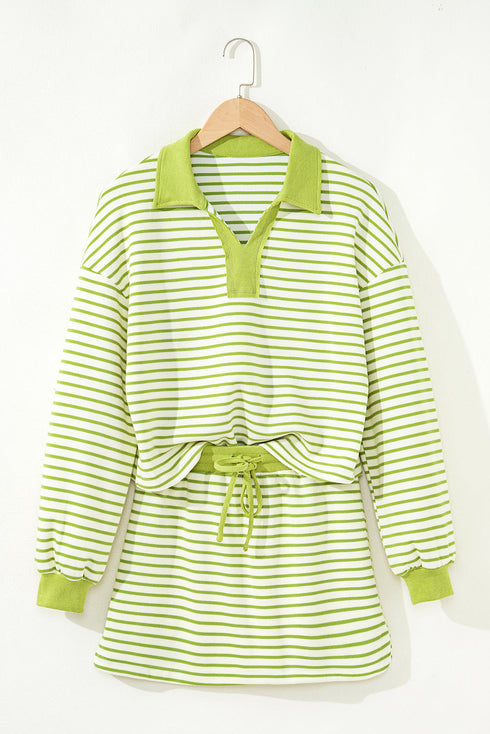 Striped Collared V Neck Pullover Skort Two Piece Dress