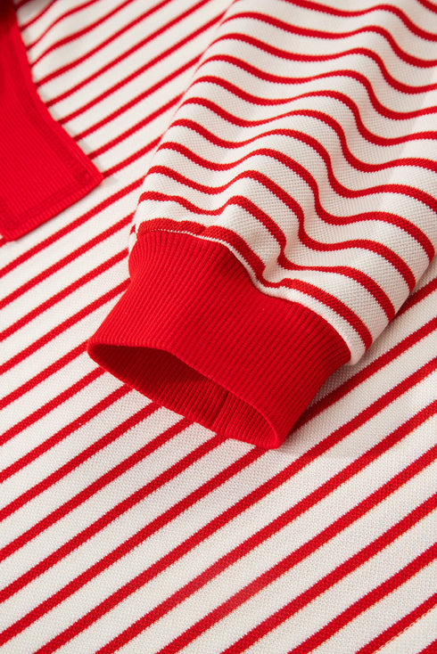 Striped Collared V Neck Pullover Skort Two Piece Dress