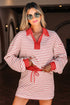 Striped Collared V Neck Pullover Skort Two Piece Dress
